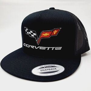 Corvette Logo Embroidered On Black on Black Mesh  FlatBill SnapBack